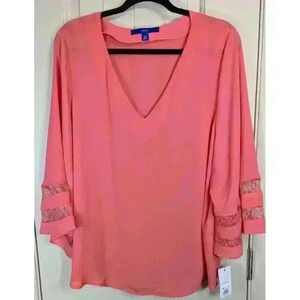 NWT Apt. 9 V-neck Peachy Pink Coral Sheer Lace Bell 3/4 Sleeve Blouse XXL